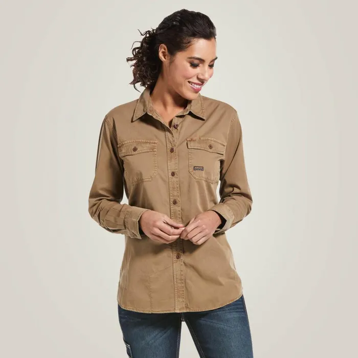 Rebar Washed Twill Work Shirt Khaki Women Ariat TShirts and Tops