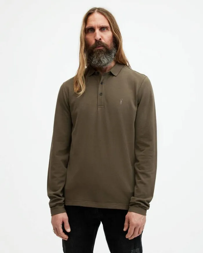 Reform Long Sleeve Ramskull Polo Shirt Ash Khaki Green Men AllSaints Polos