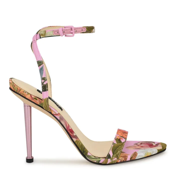 Reina Ankle Strap Sandals Pink Floral Women Nine West Heeled