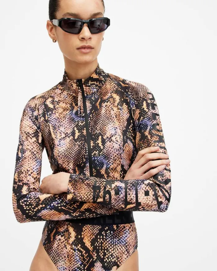 Rina Bodycon Zip Through Rash Vest Tahoe Brown Women AllSaints Tops and Shirts