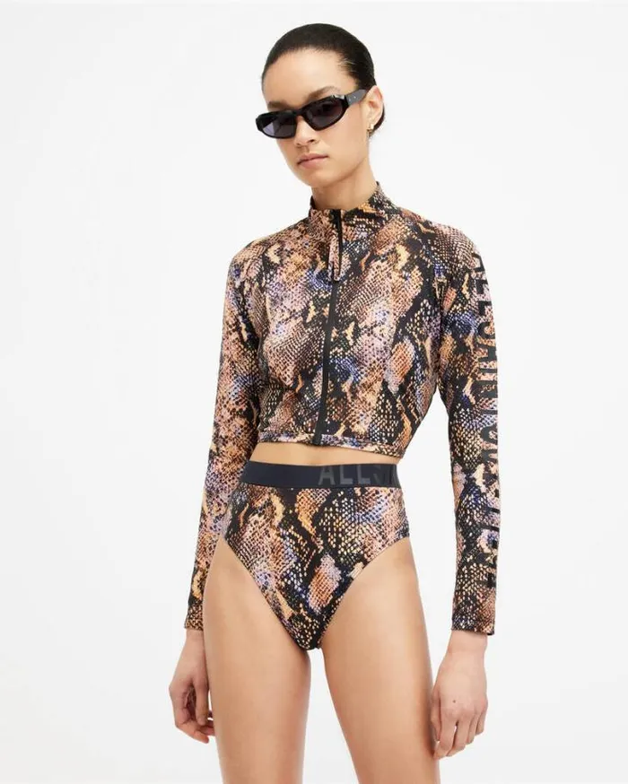 Rina Bodycon Zip Through Rash Vest Tahoe Brown Women AllSaints Tops and Shirts Rina Bodycon Zip Through Rash Vest Tahoe Brown Women AllSaints Tops and Shirts