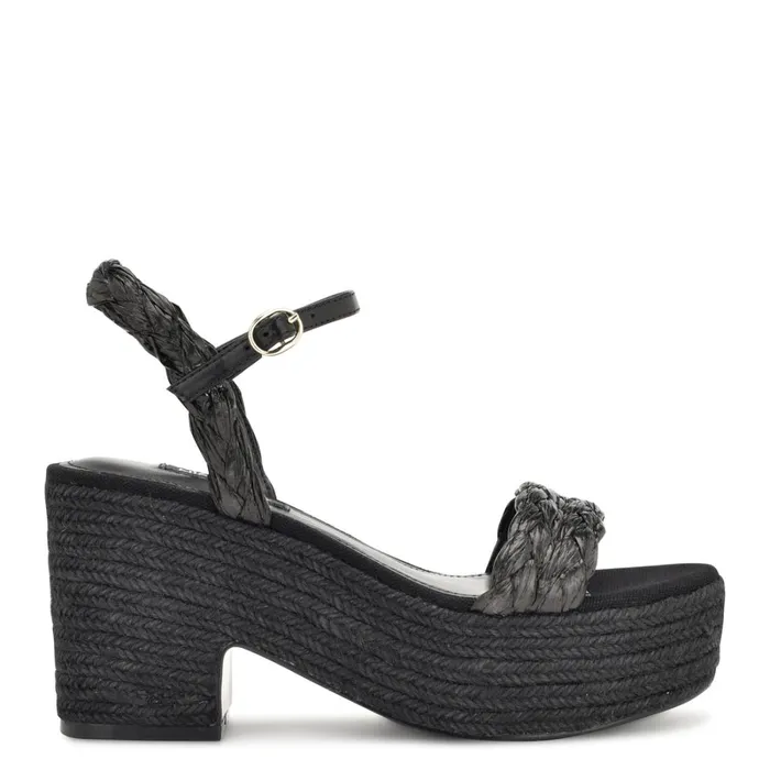 Rivva Heeled Espadrille Sandals Black Raffia Women Nine West Mid Heels