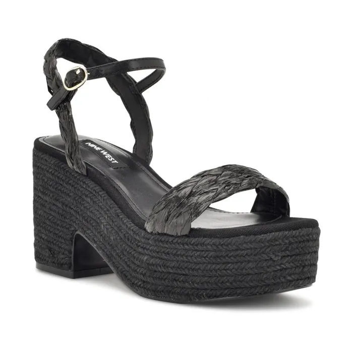 Rivva Heeled Espadrille Sandals Black Raffia Women Nine West Mid Heels Rivva Heeled Espadrille Sandals Black Raffia Women Nine West Mid Heels