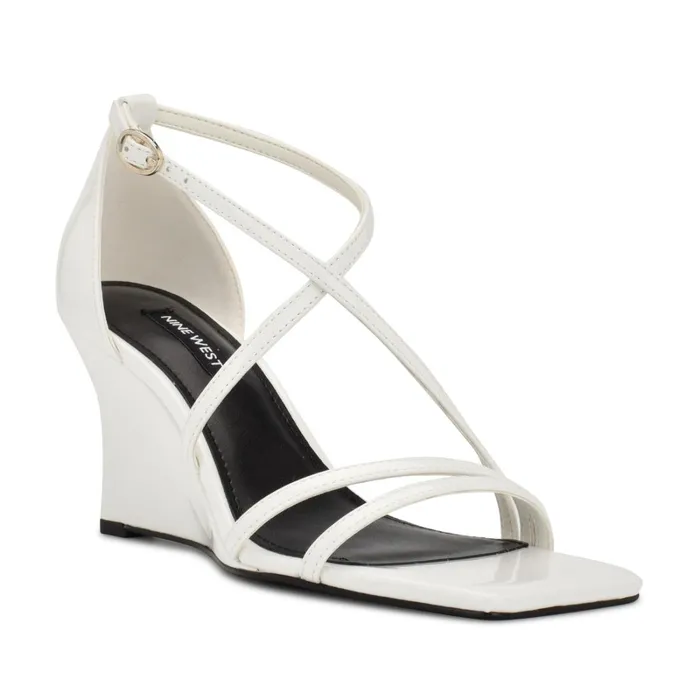 Rolga Wedge Sandals White Patent Women Nine West Mid Heels Rolga Wedge Sandals White Patent Women Nine West Mid Heels