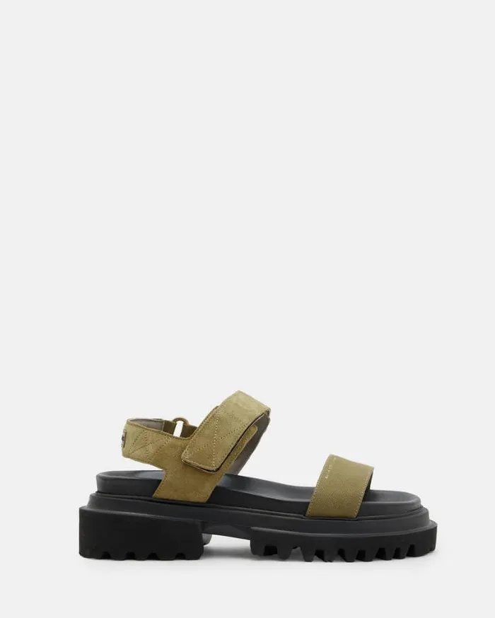Rory Chunky Suede Velcro Sandals Khaki Green Women AllSaints Swimwear and Beachwear