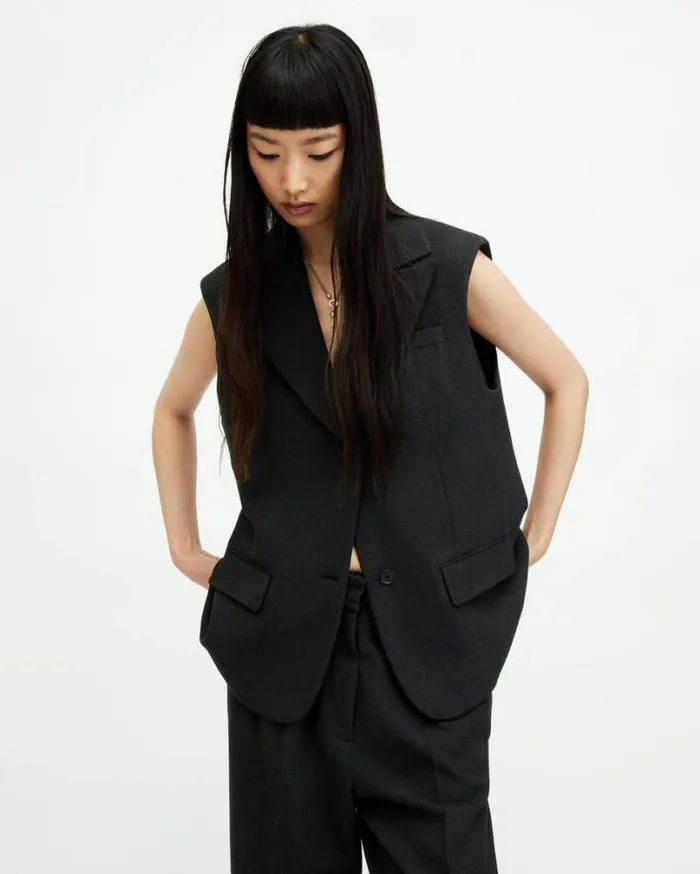 Sammey Relaxed Fit Waistcoat Charcoal Grey Women AllSaints Tops and Shirts