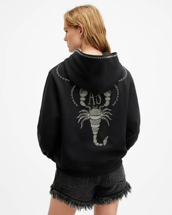 Scorpion Embellished Logo Pippa Hoodie Black Women AllSaints Sweatshirts and Hoodies