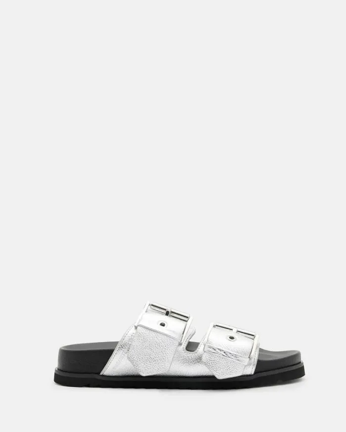 Sian Metallic Leather Sandals Metallic Silver Women AllSaints Swimwear and Beachwear