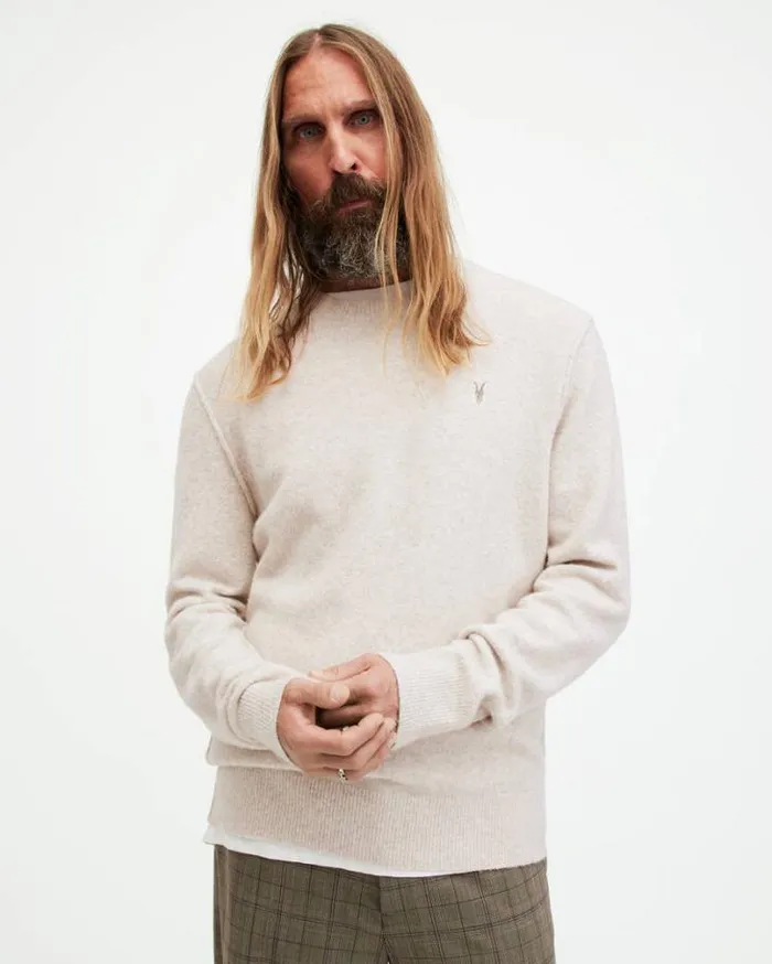 Statten Ramskull Crew Neck Jumper Oatmeal White Men AllSaints Sweaters