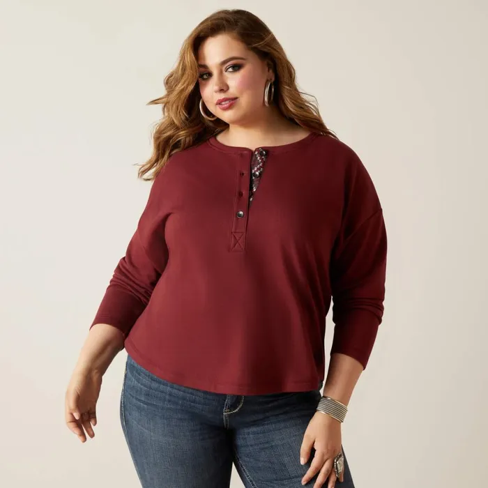 Terry Henley Sweatshirt Oxblood Red Women Ariat TShirts and Tops Terry Henley Sweatshirt Oxblood Red Women Ariat TShirts and Tops