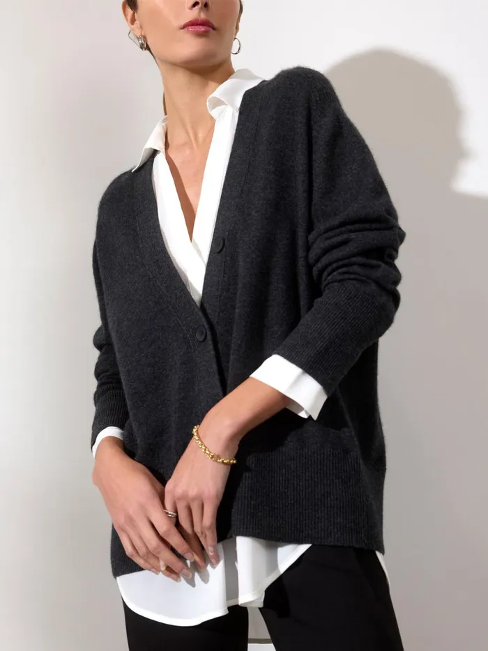 The Callie Layered Looker Cardigan Dark Charcoal Melange With White Underlayer Women Brochu Walker Looker Sweaters