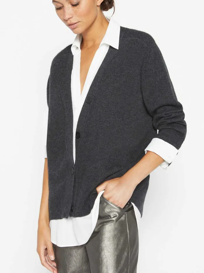 The Callie Layered Looker Cardigan Dark Charcoal Melange With White Underlayer Women Brochu Walker Looker Sweaters