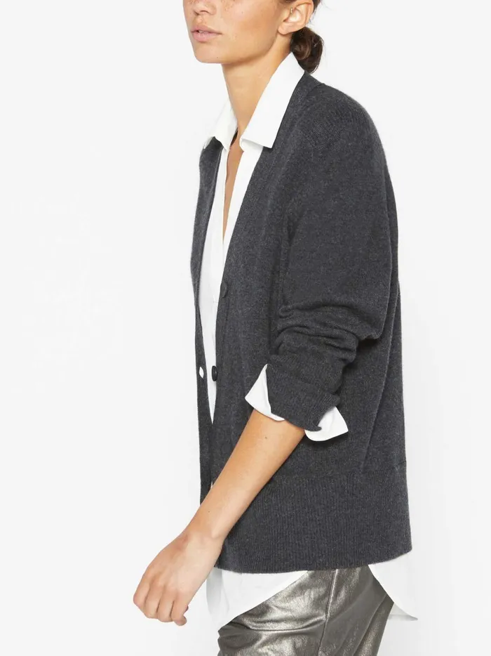The Callie Layered Looker Cardigan Dark Charcoal Melange With White Underlayer Women Brochu Walker Looker Sweaters