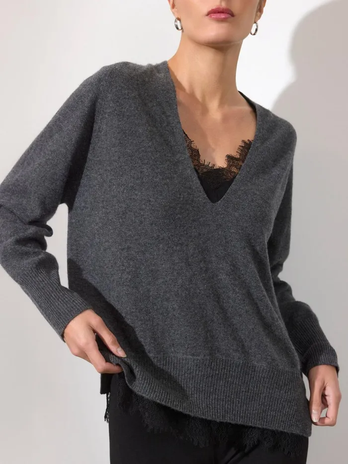 The Lace Vee Looker Pullover Dark Charcoal Melange With Black Lace Women Brochu Walker Sweaters