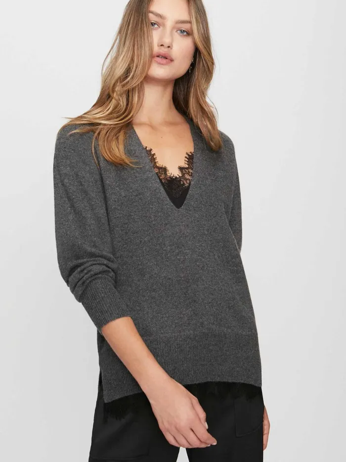 The Lace Vee Looker Pullover Dark Charcoal Melange With Black Lace Women Brochu Walker Sweaters