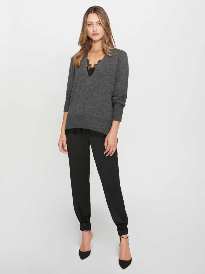 The Lace Vee Looker Pullover Dark Charcoal Melange With Black Lace Women Brochu Walker Sweaters