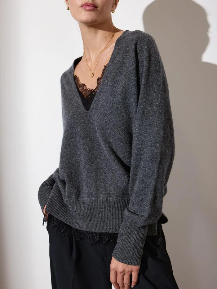 The Lace Vee Looker Pullover Dark Charcoal Melange With Black Lace Women Brochu Walker Sweaters