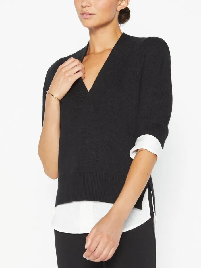 The Lucie Layered Vee Looker Black Onyx With White Underlayer Women Brochu Walker Sweaters