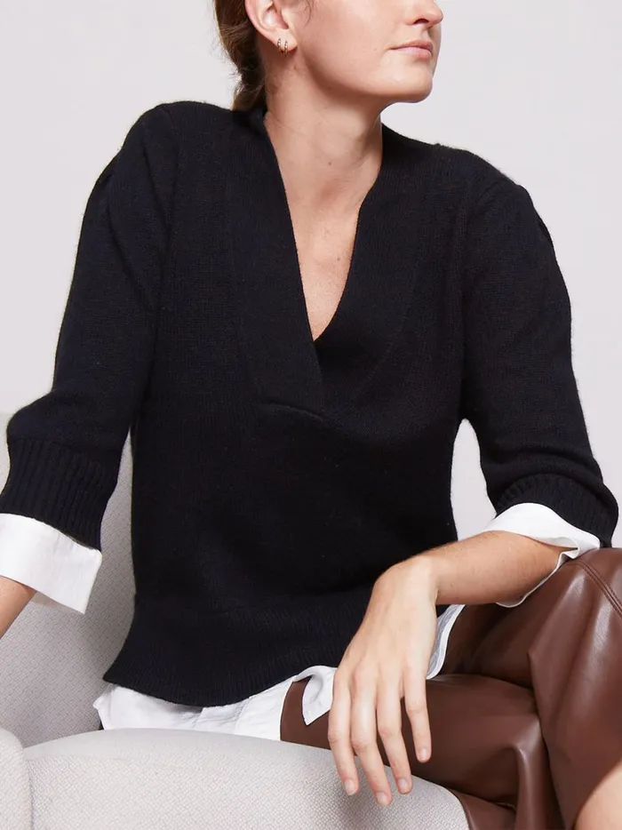 The Lucie Layered Vee Looker Black Onyx With White Underlayer Women Brochu Walker Sweaters
