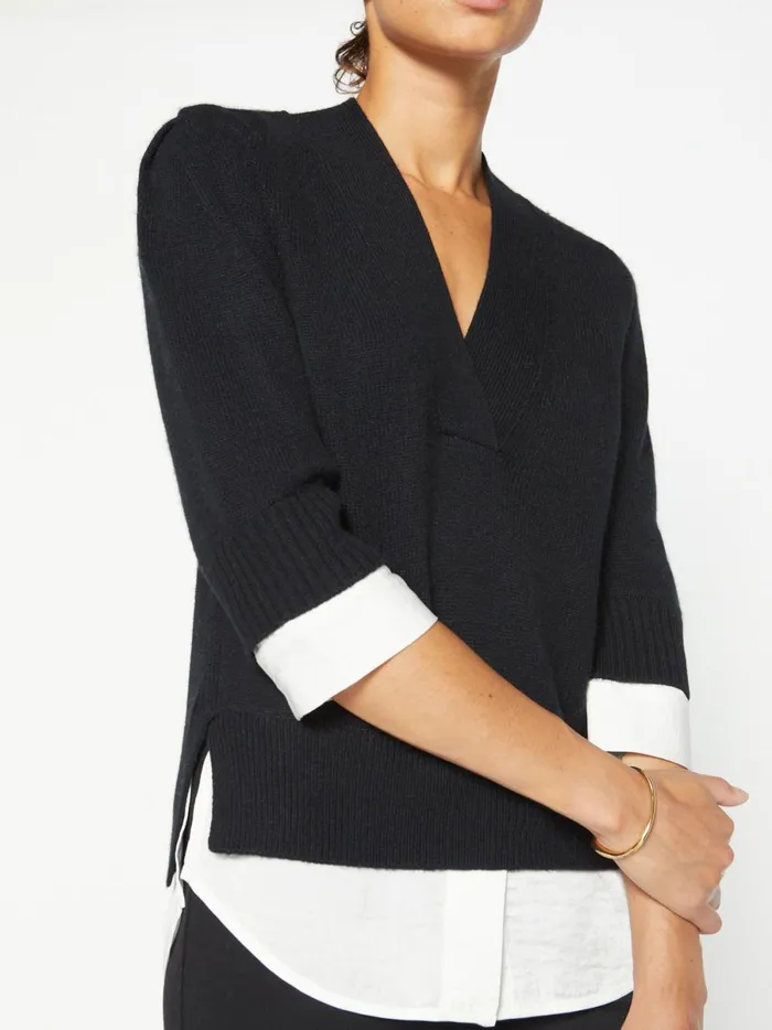 The Lucie Layered Vee Looker Black Onyx With White Underlayer Women Brochu Walker Sweaters