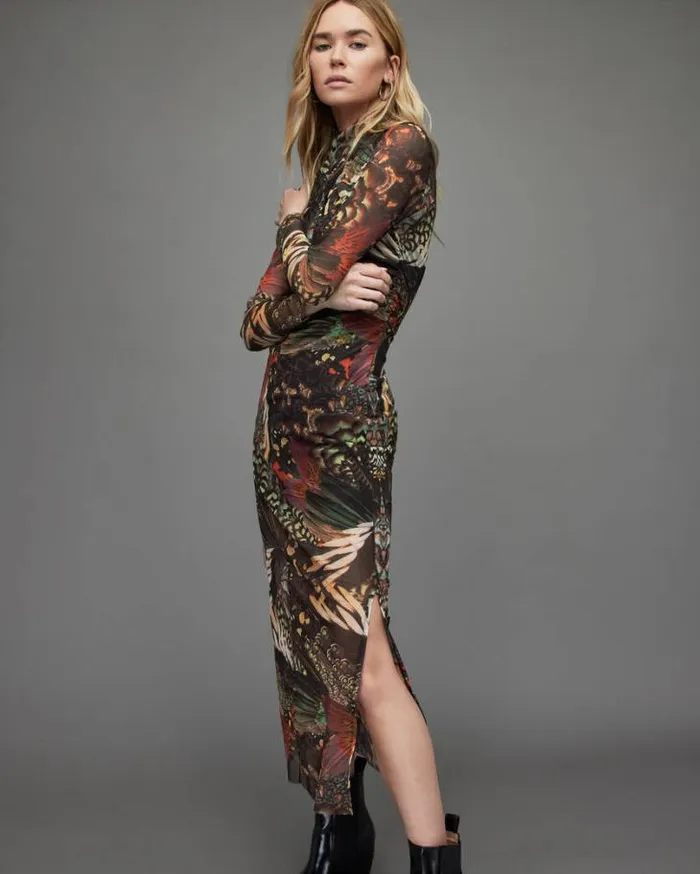 Tia Gene Butterfly Print Mesh Midi Dress Jewel Green Women AllSaints Dresses Tia Gene Butterfly Print Mesh Midi Dress Jewel Green Women AllSaints Dresses