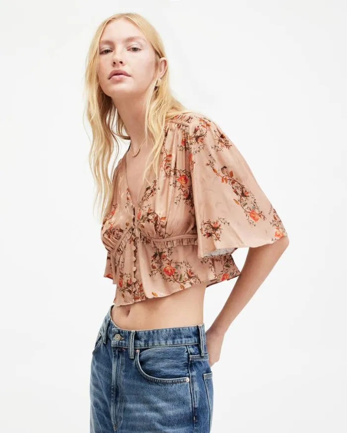 Tian Floral Print Oto Shirred Bust Top Almond Beige Women AllSaints Tops and Shirts