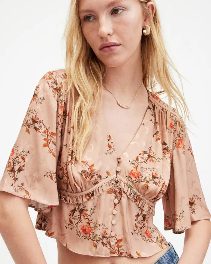 Tian Floral Print Oto Shirred Bust Top Almond Beige Women AllSaints Tops and Shirts Tian Floral Print Oto Shirred Bust Top Almond Beige Women AllSaints Tops and Shirts