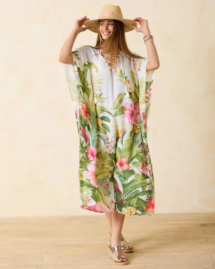 Tommy Bahama Calypso Crepe Paradise Bird Beach Caftan White Women Dresses
