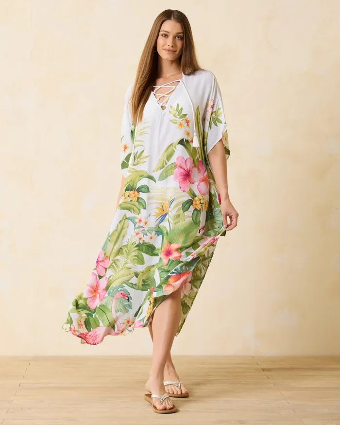 Tommy Bahama Calypso Crepe Paradise Bird Beach Caftan White Women Dresses Tommy Bahama Calypso Crepe Paradise Bird Beach Caftan White Women Dresses