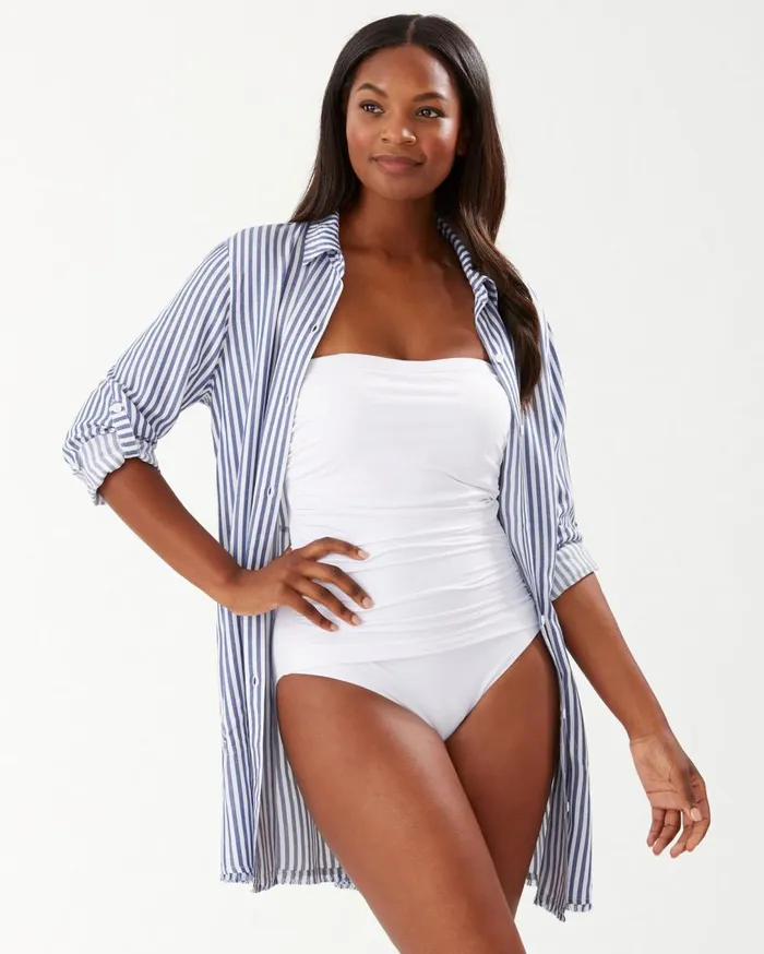 Tommy Bahama Chambray Stripe Boyfriend Beach Shirt Chambray Women Coverups