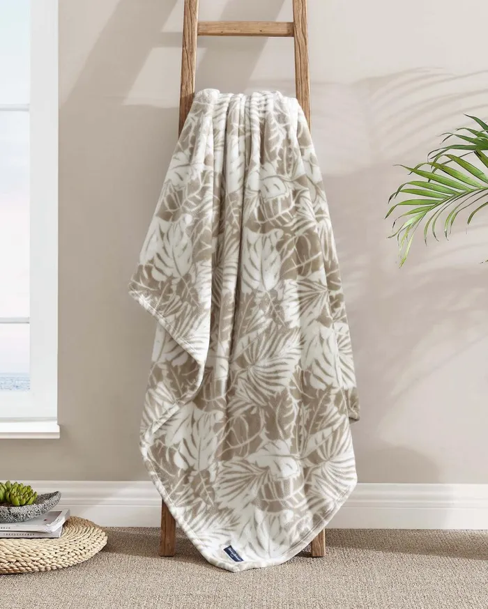 Tommy Bahama Costa Blanca Reversible Fleece Throw Beige Beach and Home Bedding