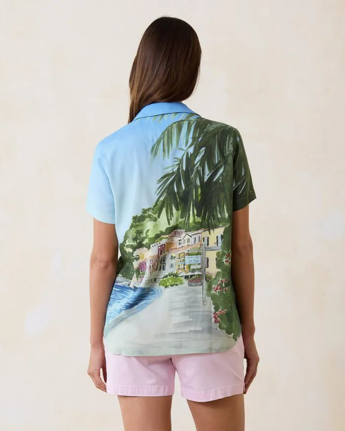 Tommy Bahama Disney Coastal Cruisin039 Silk Camp Shirt Palace Blue Women Tops and Shirts Tommy Bahama Disney Coastal Cruisin039 Silk Camp Shirt Palace Blue Women Tops and Shirts