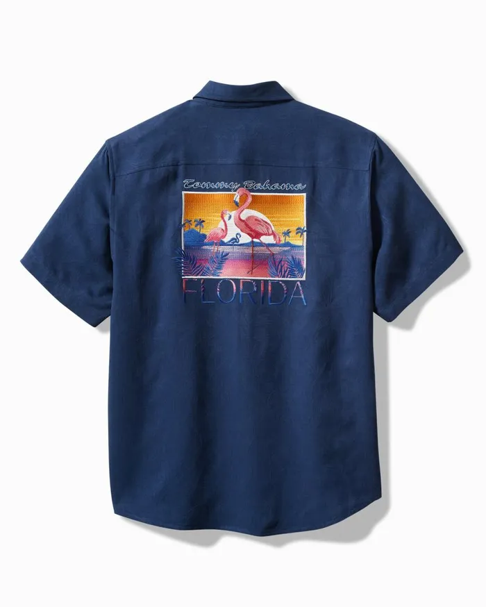 Tommy Bahama Flamingo Sunset Silk Camp Shirt Island Navy Men Shirts