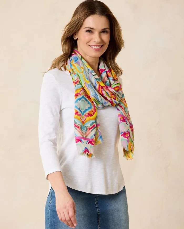 Tommy Bahama Lanai Pleated Diamond Scarf Hibiscus Women Scarves and Wraps