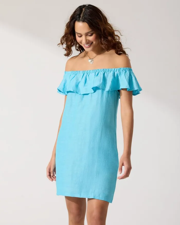 Tommy Bahama LinenBlend OfftheShoulder Coverup Dress Light Curacao Women Dresses Tommy Bahama LinenBlend OfftheShoulder Coverup Dress Light Curacao Women Dresses