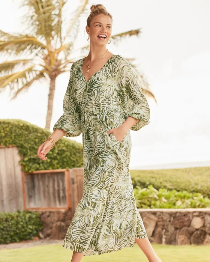 Tommy Bahama Monstera Mirage Maxi Dress Tea Leaf Women Dresses