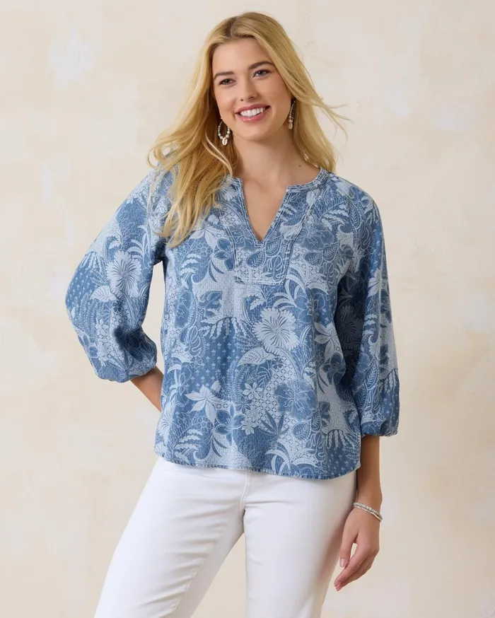 Tommy Bahama Secret Inlet 34Sleeve Top Med Marina Wash Women Tops and Shirts