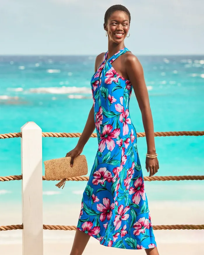 Tommy Bahama St Barts Blossom Halter Maxi Dress Pacific Cyan Women Dresses