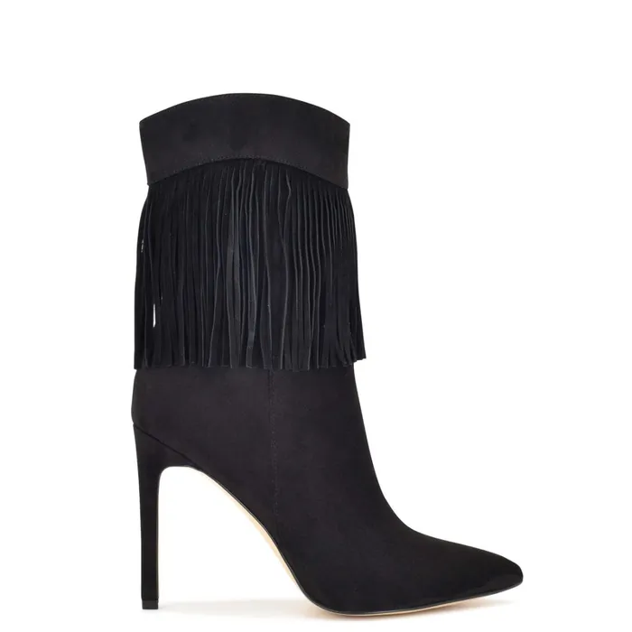 Tries Heeled Fringe Booties Black Suede Women Nine West Boots and Booties