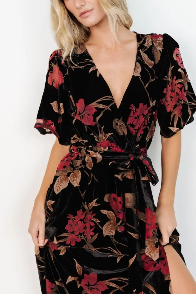 Uma Velvet Maxi Dress Merlot Black Floral Women Baltic Born Wedding Guest