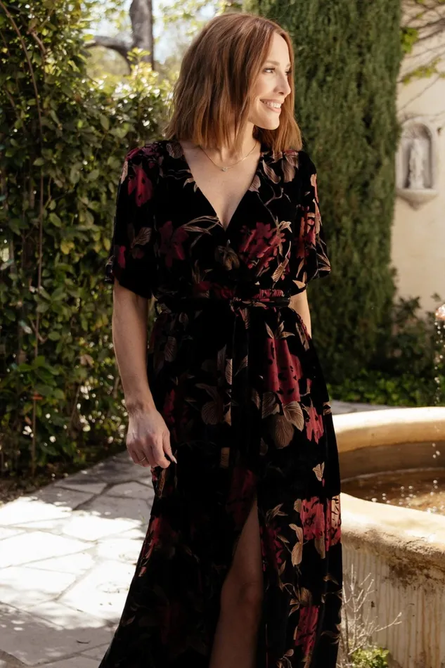 Uma Velvet Maxi Dress Merlot Black Floral Women Baltic Born Wedding Guest