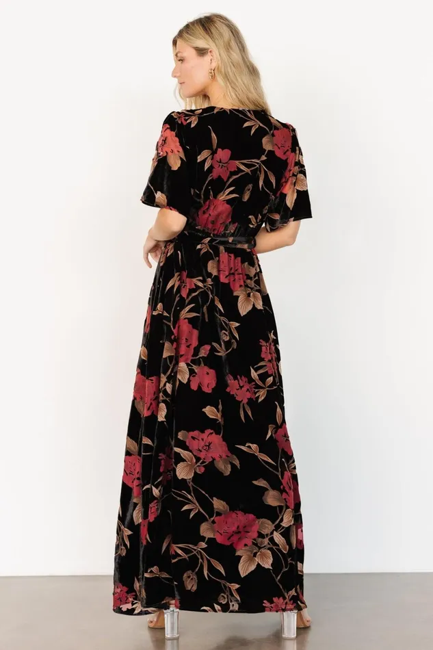Uma Velvet Maxi Dress Merlot Black Floral Women Baltic Born Wedding Guest