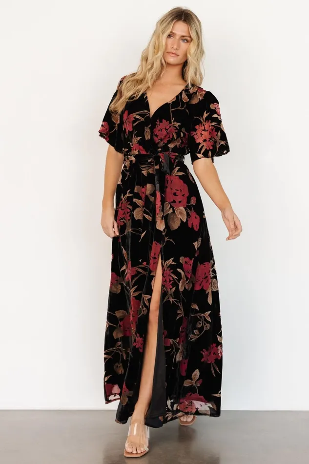 Uma Velvet Maxi Dress Merlot Black Floral Women Baltic Born Wedding Guest