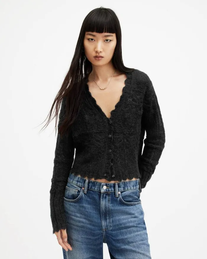 Vanessa Lace Scallop Edge Cardigan Black Women AllSaints Sweaters