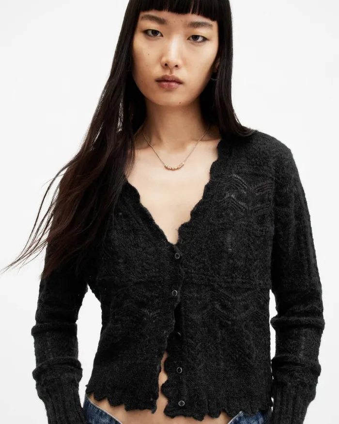 Vanessa Lace Scallop Edge Cardigan Black Women AllSaints Sweaters