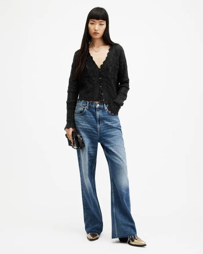 Vanessa Lace Scallop Edge Cardigan Black Women AllSaints Sweaters