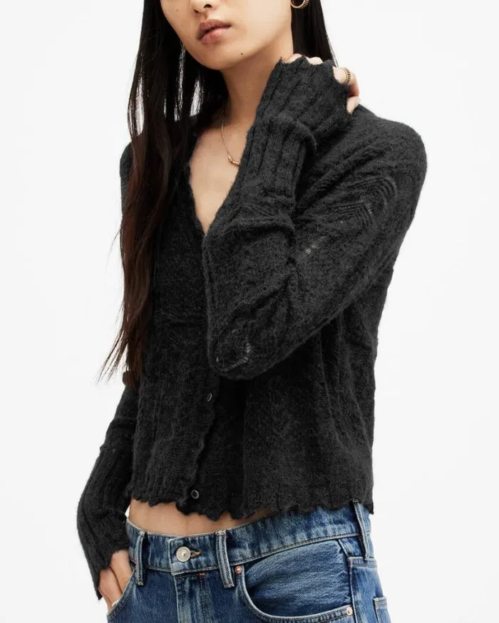 Vanessa Lace Scallop Edge Cardigan Black Women AllSaints Sweaters