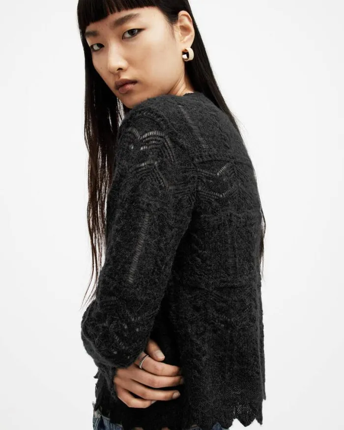 Vanessa Lace Scallop Edge Cardigan Black Women AllSaints Sweaters