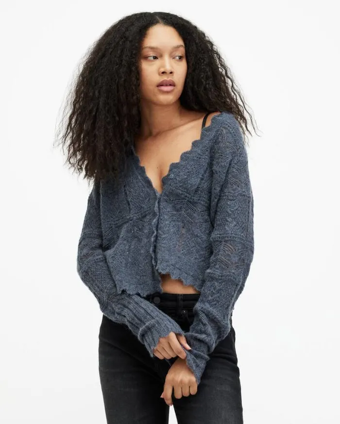 Vanessa Lace Stitched Cardigan Denim Blue Women AllSaints Sweaters
