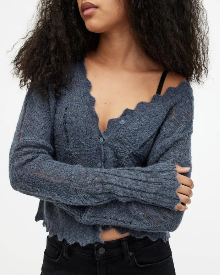 Vanessa Lace Stitched Cardigan Denim Blue Women AllSaints Sweaters